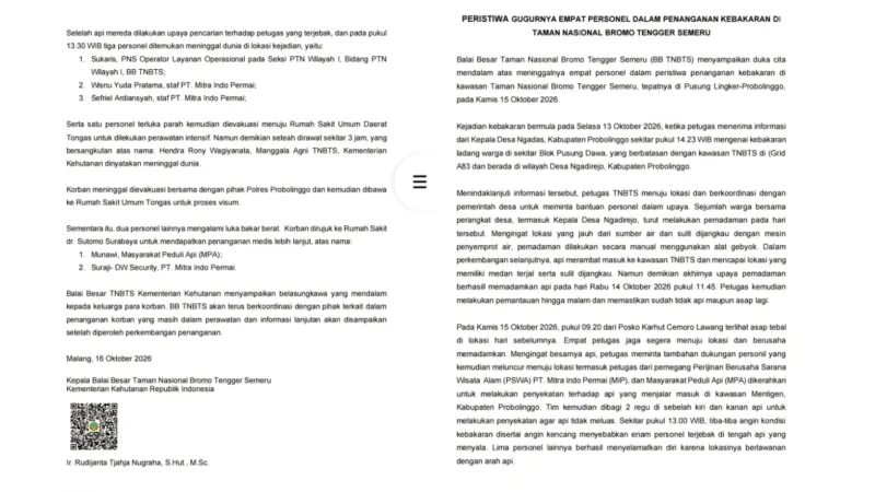 Ini Penjelasan Resmi TNBTS Terkait Empat Personel yang Meninggal Dunia Saat Penanganan Karhutla